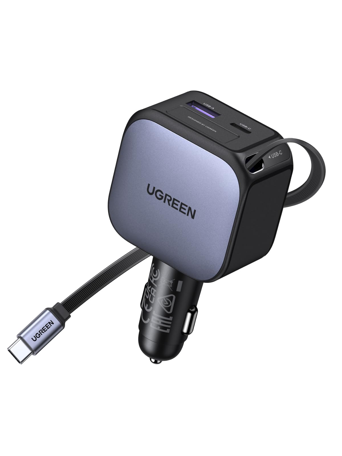 UGREEN 90W Retractable Car Charger, 3 Port USB C Phone Charger Fast Charging with Type C Cable, Cigarette Lighter Adapter Compatible with MacBook, iPhone 17 16 15 Pro Max, Galaxy S25 S24 Ultra, iPad