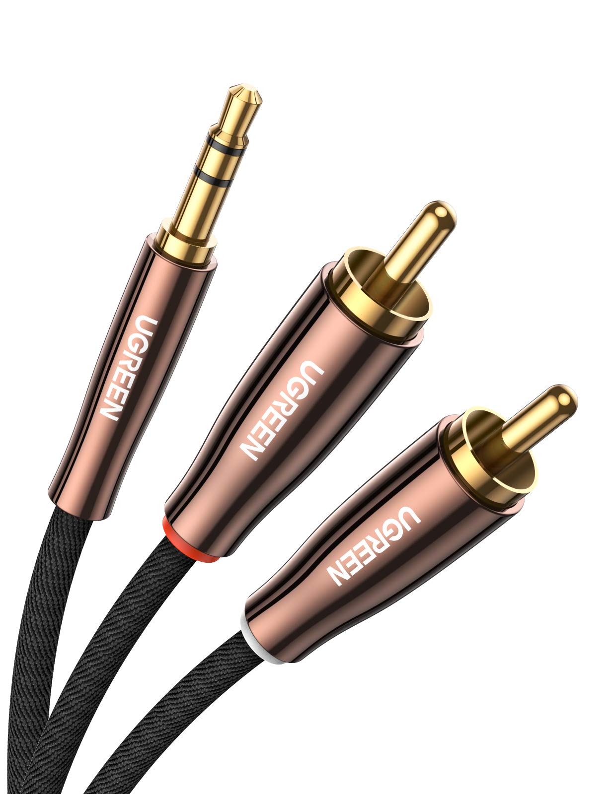 UGREEN 3.5mm to 2 Male RCA Cable Stereo Audio Adapter Braided Hi-Fi Sound Auxiliary RCA Y Splitter, Metal Shell Shielded Aux Y Cord Compatible with Smartphone MP3 Tablet Speaker, 6.6FT
