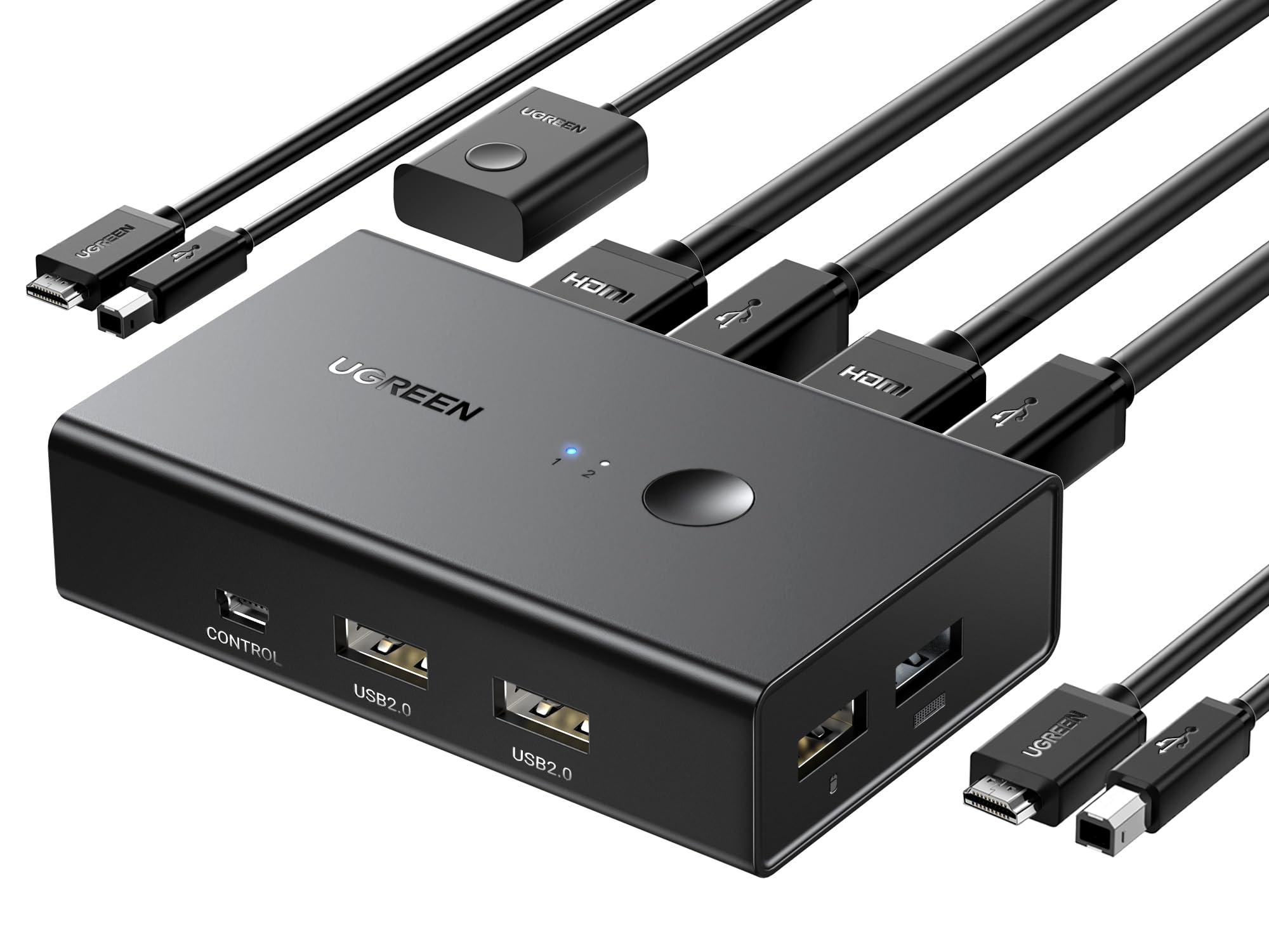 UGREEN HDMI KVM Switch 1 Monitor 2 Computers, with 4 USB Ports 4K@60Hz KVM Switches for Sharing One Monitor Keyboard Mouse Printer with 2 HDMI Cables, 2 USB Cables, Desktop Controller