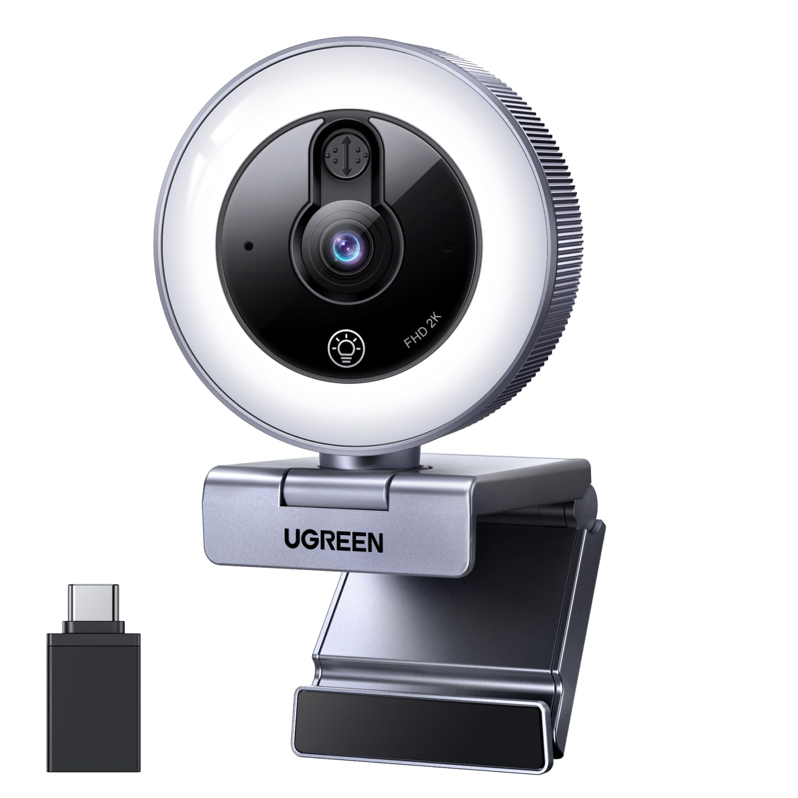 UGREEN 2K Webcam with 4-Level Ring Light, Full HD Webcam for PC with Microphone, Privacy Cover, USB Web Camera Compatible with Switch 2, Streaming, Conference, Zoom, Teams, Computer/Laptop/MacBook
