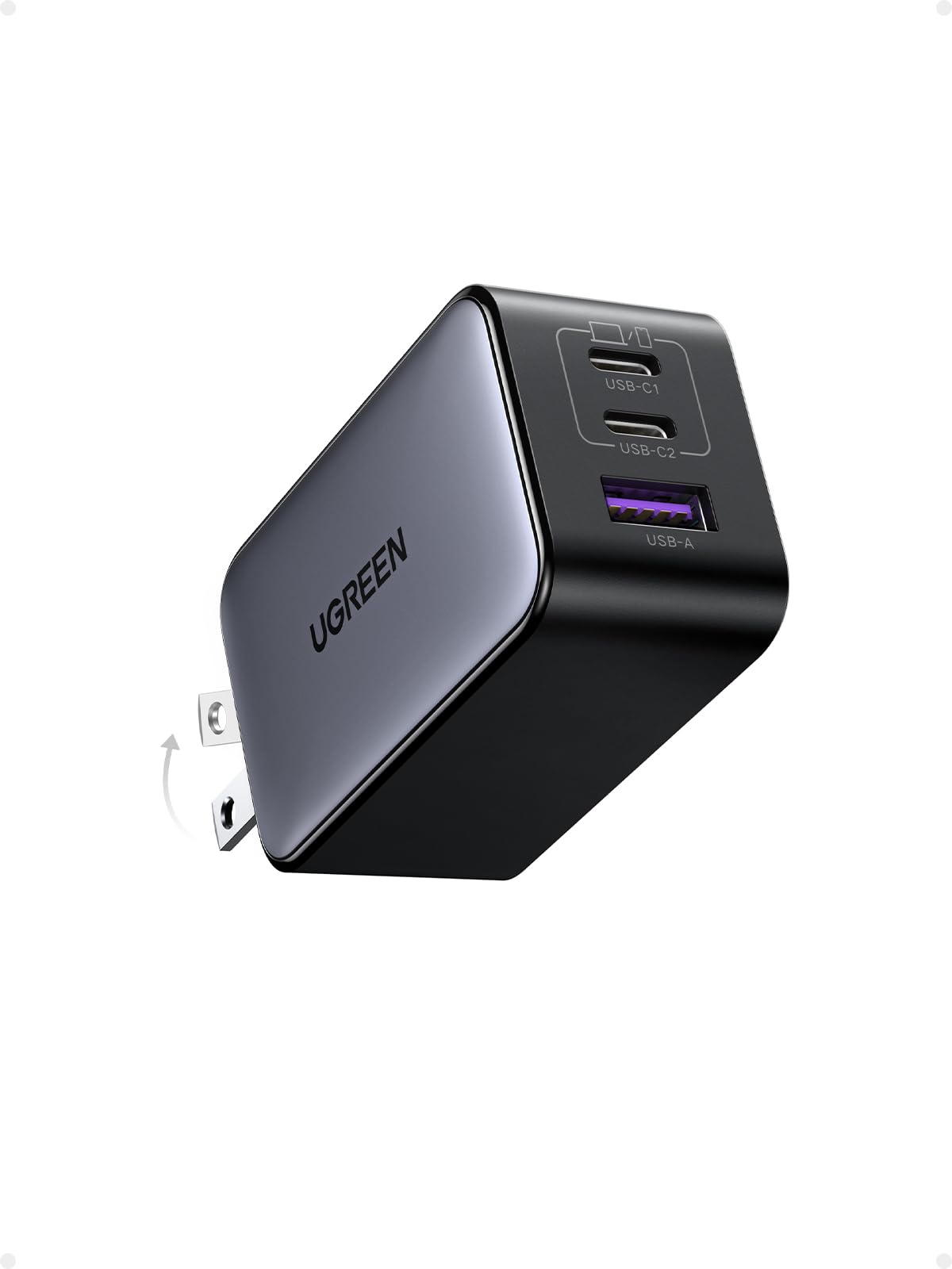 UGREEN Nexode 65W GaN USB C Wall Charger, 3-Port Compact Foldable Fast Charger Power Adapter for iPhone 17/16/15 Series, Galaxy S25/S24, Pixel 10/9, MacBook Pro/Air, Dell XPS, iPad Pro (Black)