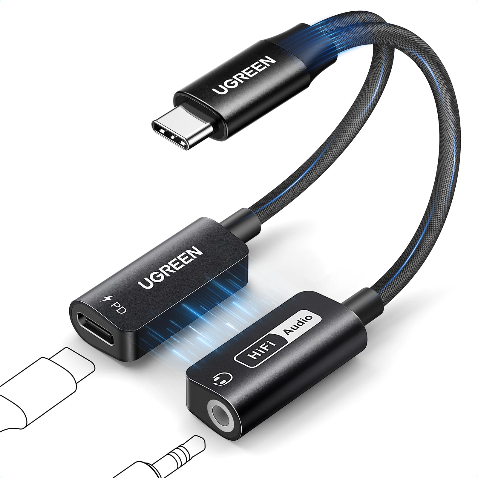 UGREEN Magnetic USB C to 3.5mm Audio Adapter and Charger 2 in 1 Hi-Res 32bit/384kHz Aux to USB C with PD 60W Fast Charging Dongle Cable for iPhone 17 Pro Max, Switch 2, Galaxy S25Ultra, iPad Pro