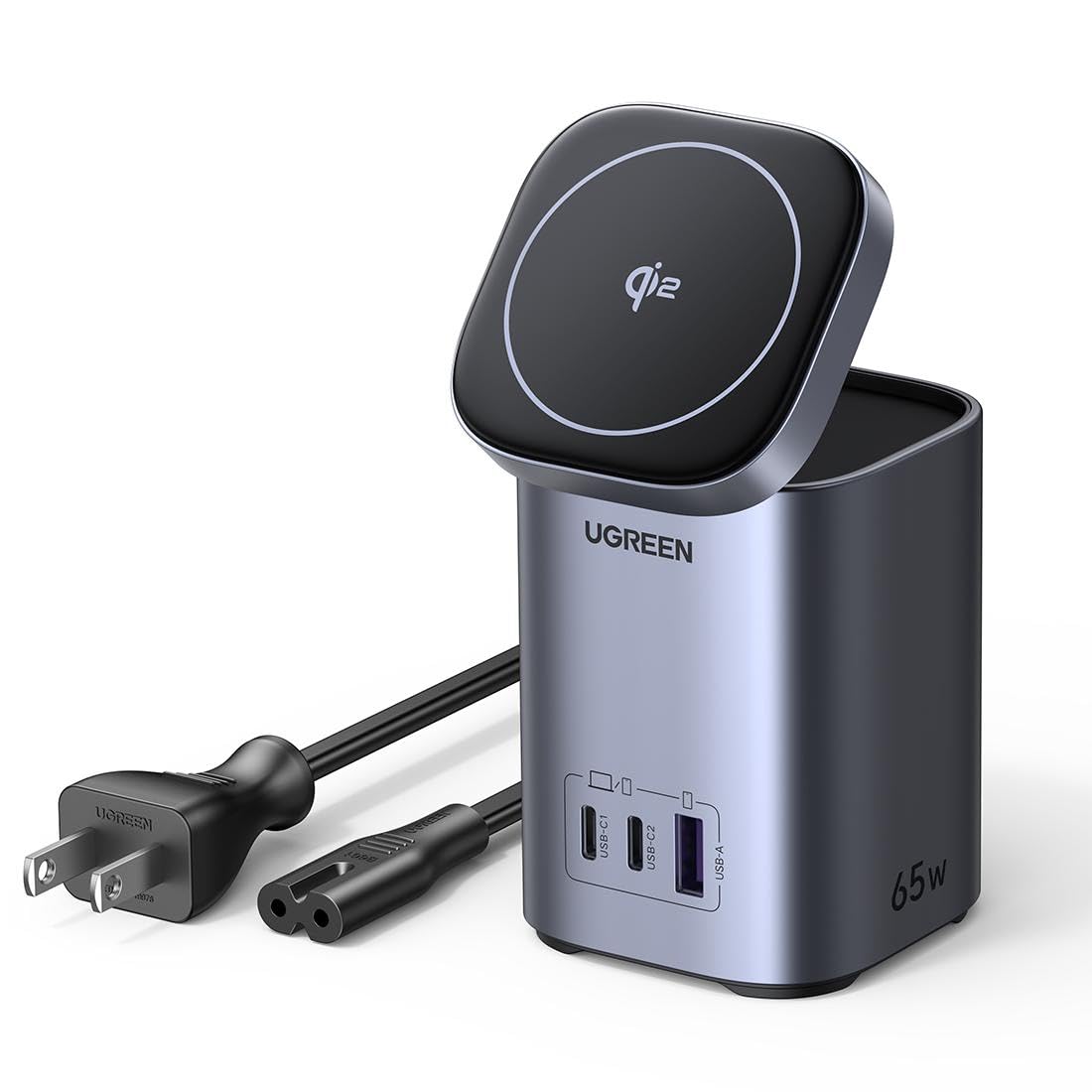UGREEN Nexode 65W GaN USB C Charging Station Stand Foldable, 3-Port Desktop Charger with 15W Qi2 MagSafe Wireless Charging Stand for iPhone 17/16/15/14/13/12, Galaxy S25/S24, Pixel 10/9, iPad Air