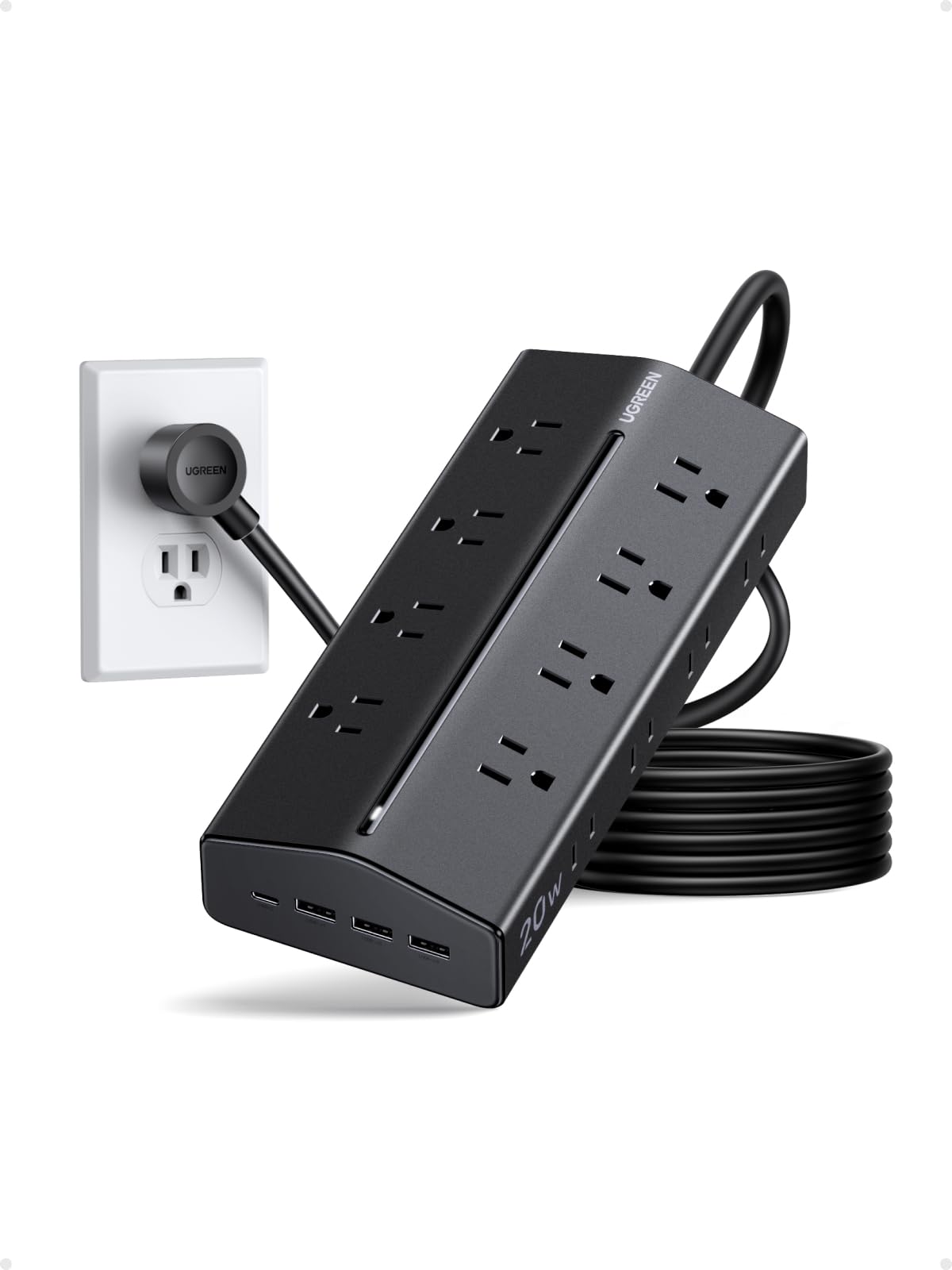 UGREEN Power Strip, 20 in 1 with 20W USB C Fast Charging[16AC + 1USB C + 3USB A][Wider Outlet Spacing] 1.5M Durable Extension Cord for Home/Office/Dorm/Travel, TUV Listed