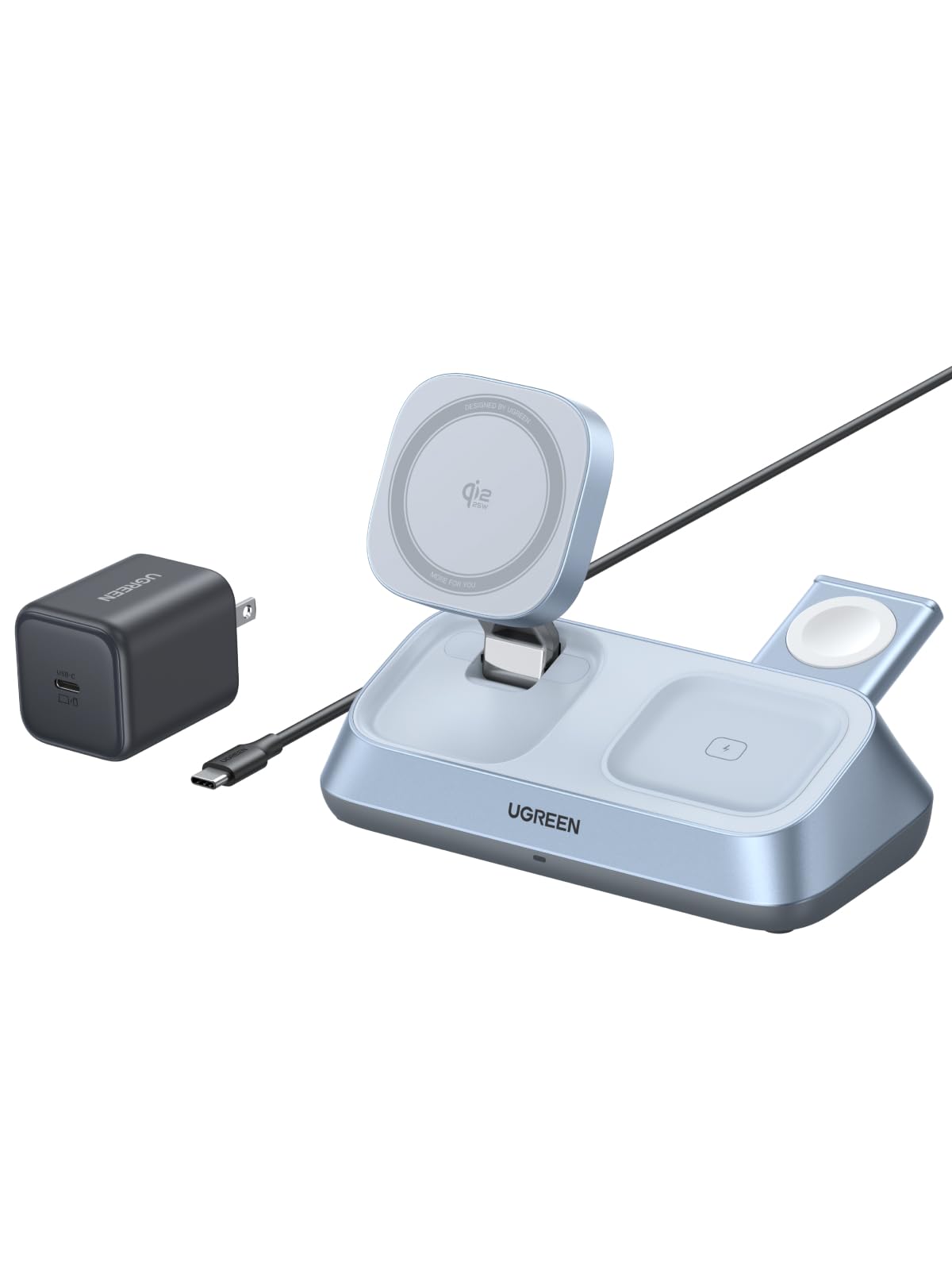 UGREEN 25W Qi2 Certified 3-in-1 Magflow Wireless Charging Stand, Magsafe Fast Wireless Charger for iPhone 17/16/15/14/13/12, AirPods and Apple Watch, Desk Stand with Adjustable Angle