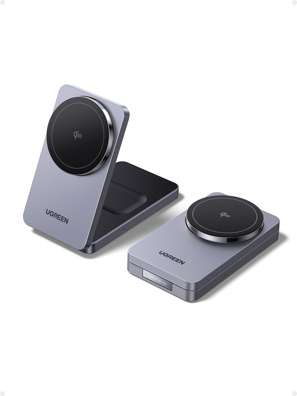 UGREEN Qi2 15W MagFlow Wireless Charger, 2-in-1 MagSafe Fast Charging Station, Foldable Charger Stand for iPhone 17/16/15/14/13/12 Series, AirPods 4/3/2/Pro, with a 3.3FT USB C Charging Cable
