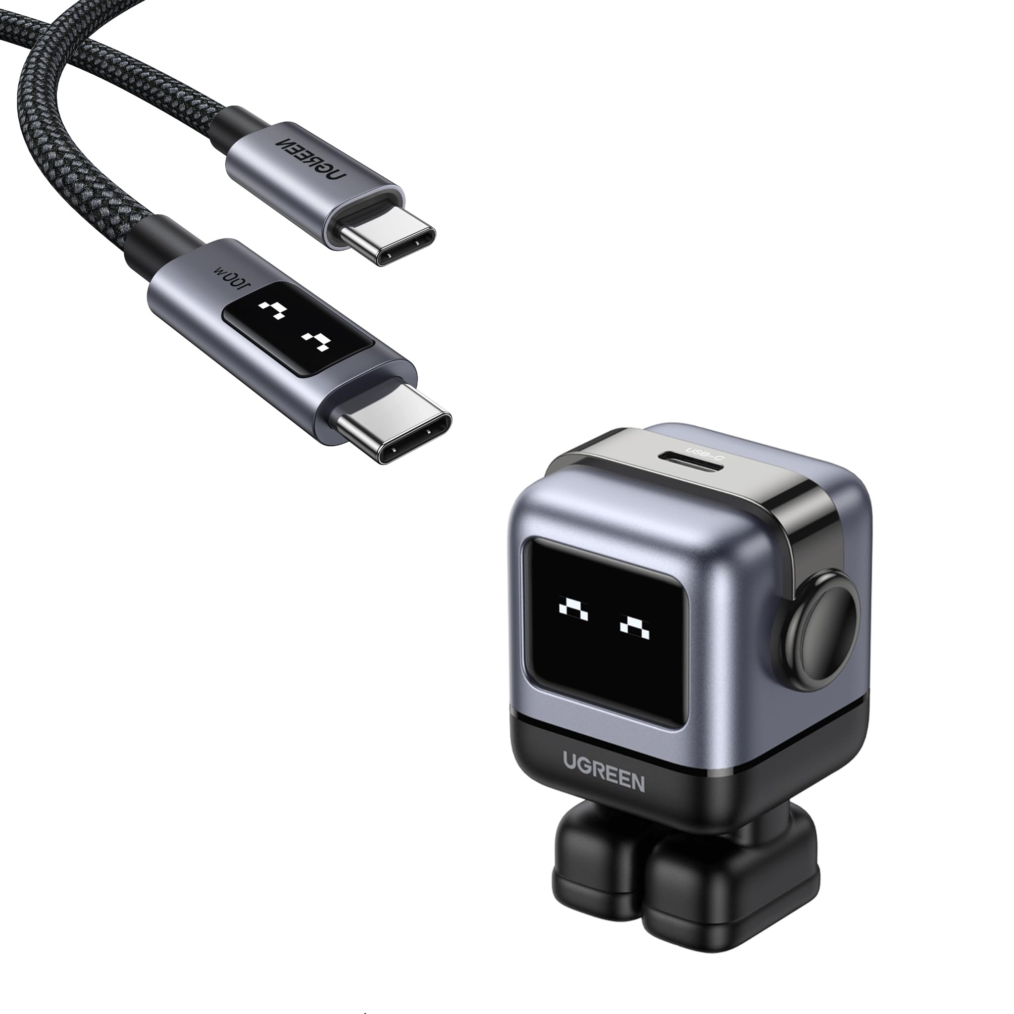 UGREEN 100W USB-C Cable + 30W USB-C Robot GaN Charger Bundle — Multi-Port High-Power + Compact Portable Fast Charging for Laptop, Phone & Travel