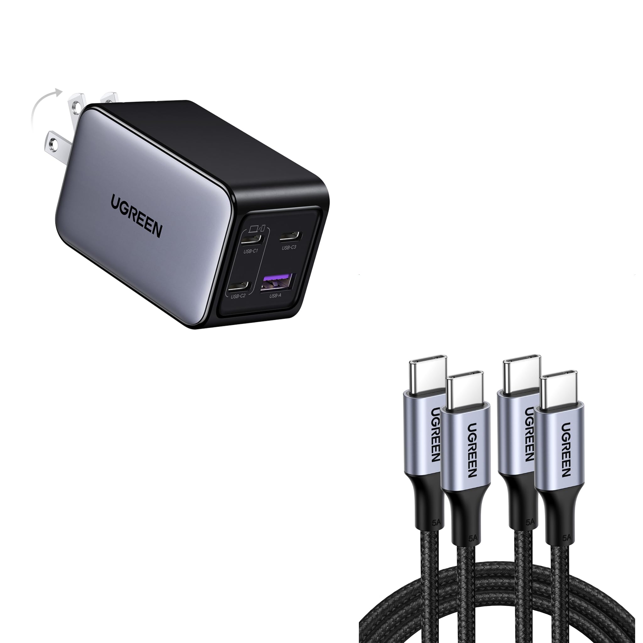 UGREEN 65W 4-Port GaN USB C Wall Charger Bundle with 100W 3.3ft 2-Pack USB C Cable Compatible with iPhone 17/17 Pro/17 Pro Max, MacBook Pro/Air, Galaxy S25/S24, iPad Pro/Air, Pixel 10