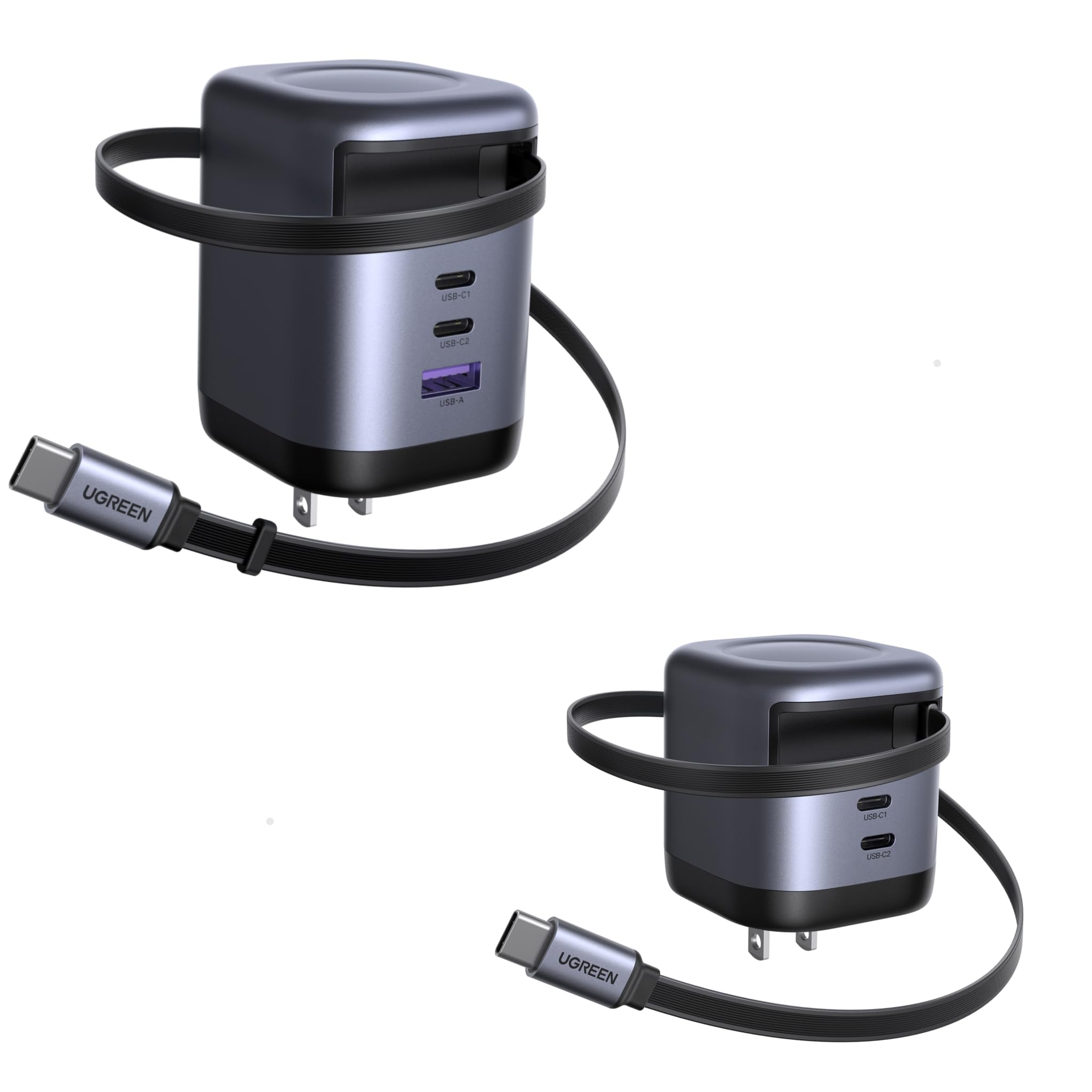 UGREEN 2‑Pack Retractable USB‑C Charger Bundle – 100W + 45W GaN Fast Chargers, Travel‑Ready USB‑C Wall Chargers for Laptop, Tablet, Phone, Multi‑Device Charging