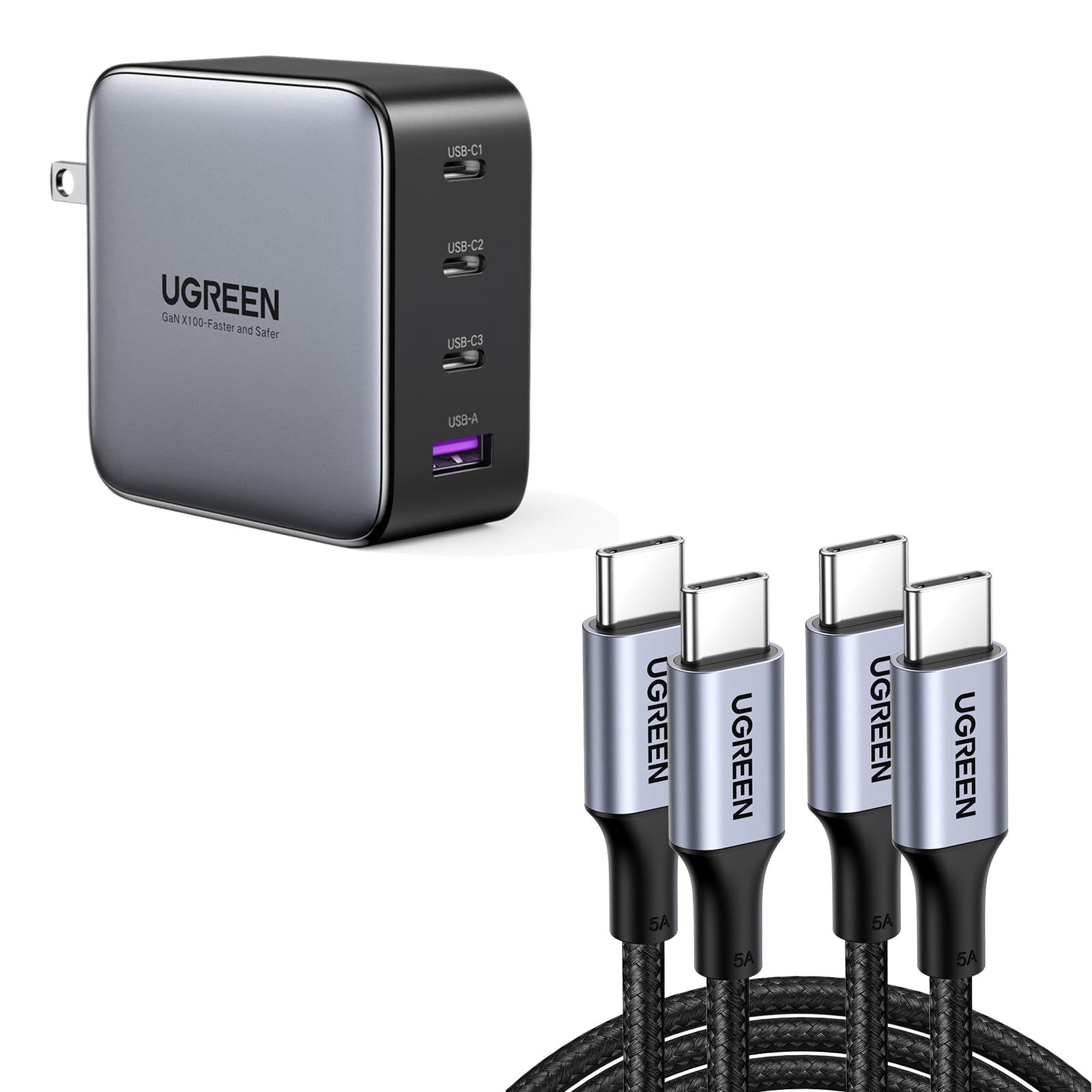 UGREEN 100W USB-C Charger Bundle with 2-Pack USB-C Cables, Compatible with MacBook Pro/Air, iPad, iPhone 15 Pro, Galaxy S24 Ultra, Steam Deck, Dell XPS, Google Pixelbook