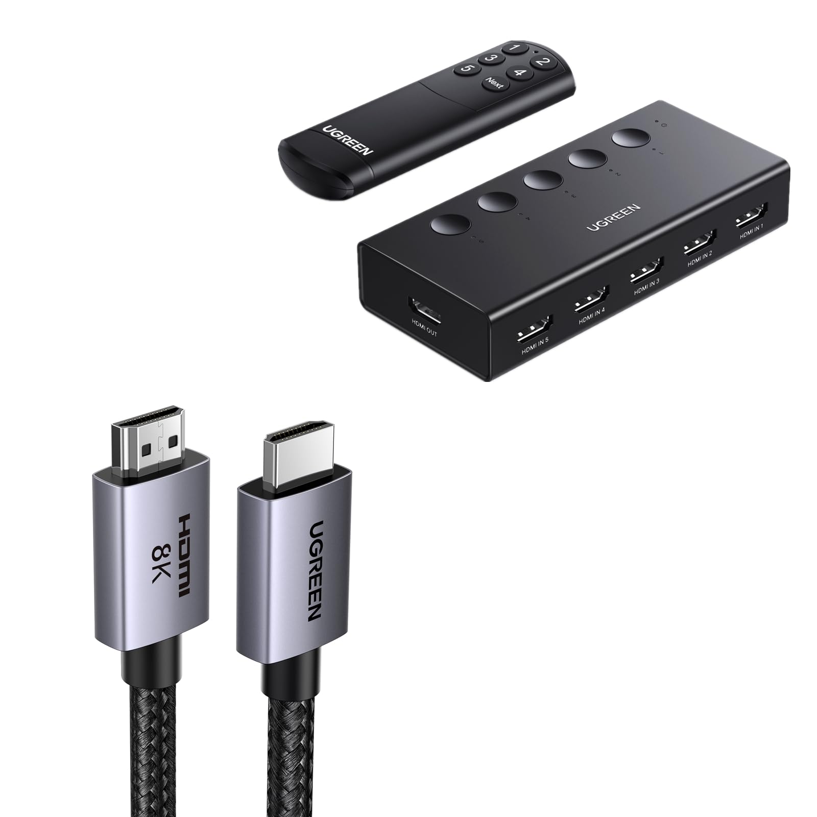 UGREEN HDMI Switch 5 in 1 Out 4K@60Hz Bundle with 8K HDMI 2.1 Cable 48Gbps 6.6FT, Certified Ultra High Speed Cord Aluminum