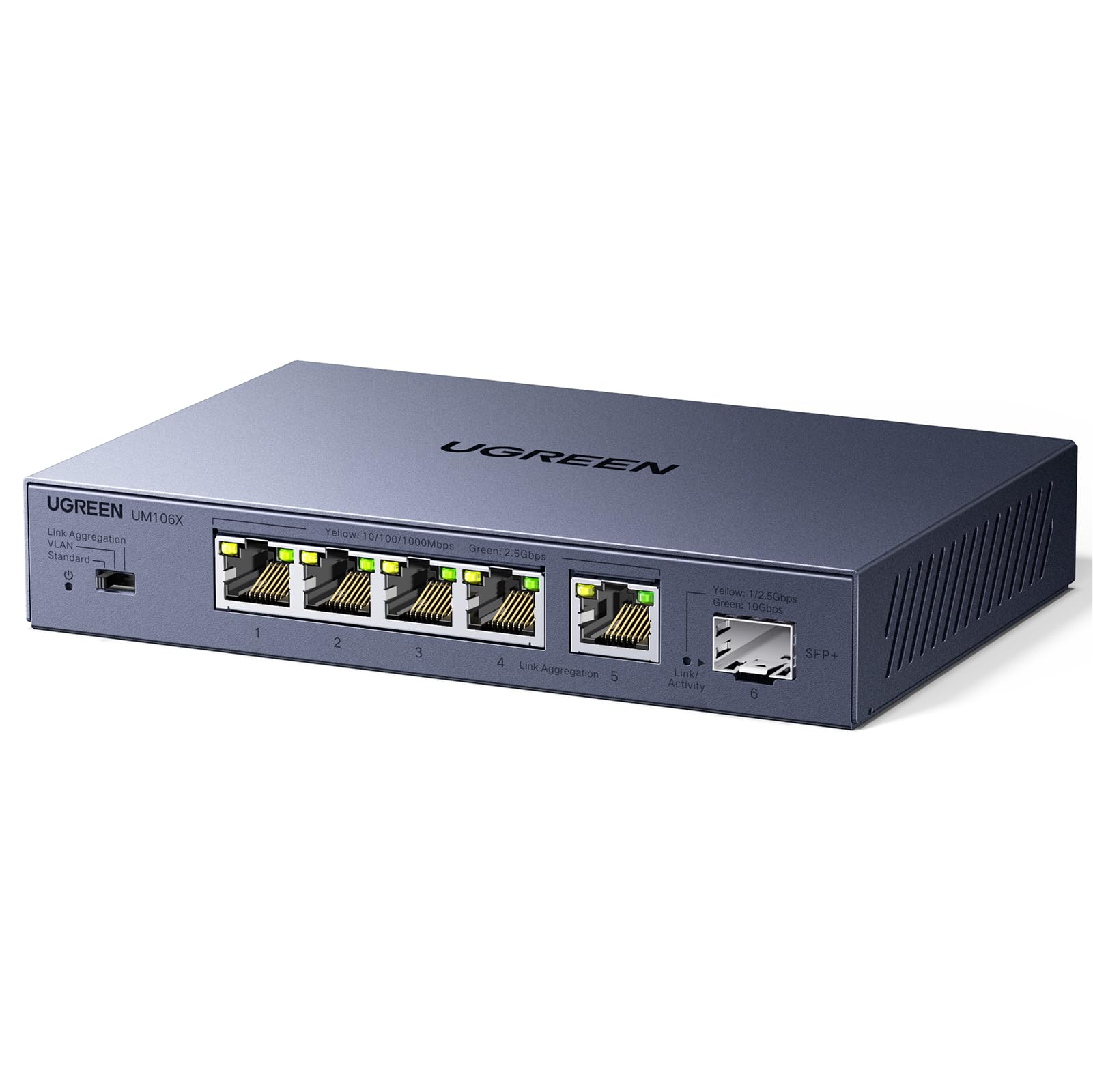 UGREEN 2.5Gb Switch, 6-Port Ethernet Switch, 5 x 2.5Gb Uplink + 1 x 10Gb SFP+, Standard/Link Aggregation to 5Gbps/VLAN 3 Modes, Plug & Play Unmanaged Ethernet Splitter, Desktop/Wall Mount, for NAS, PC