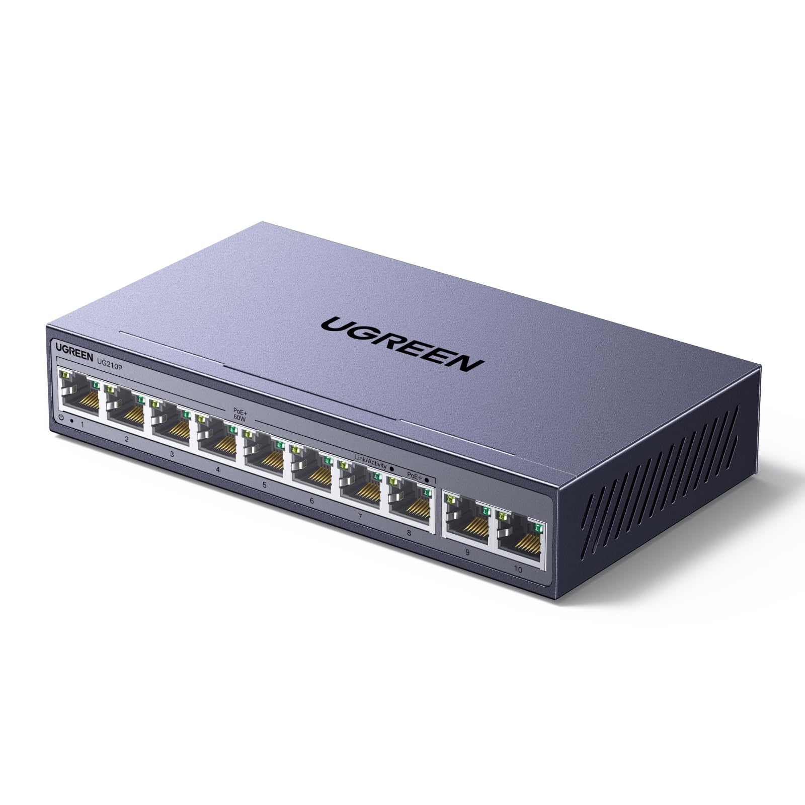 UGREEN Ethernet Switch, 10-Port PoE Switch, 8 PoE+@60W + 2 Gigabit Uplink, Plug & Play, Standard/VLAN/Extend Mode, PoE Auto Recovery, Desktop/Wall Mount Metal Network Splitter for Security Camera