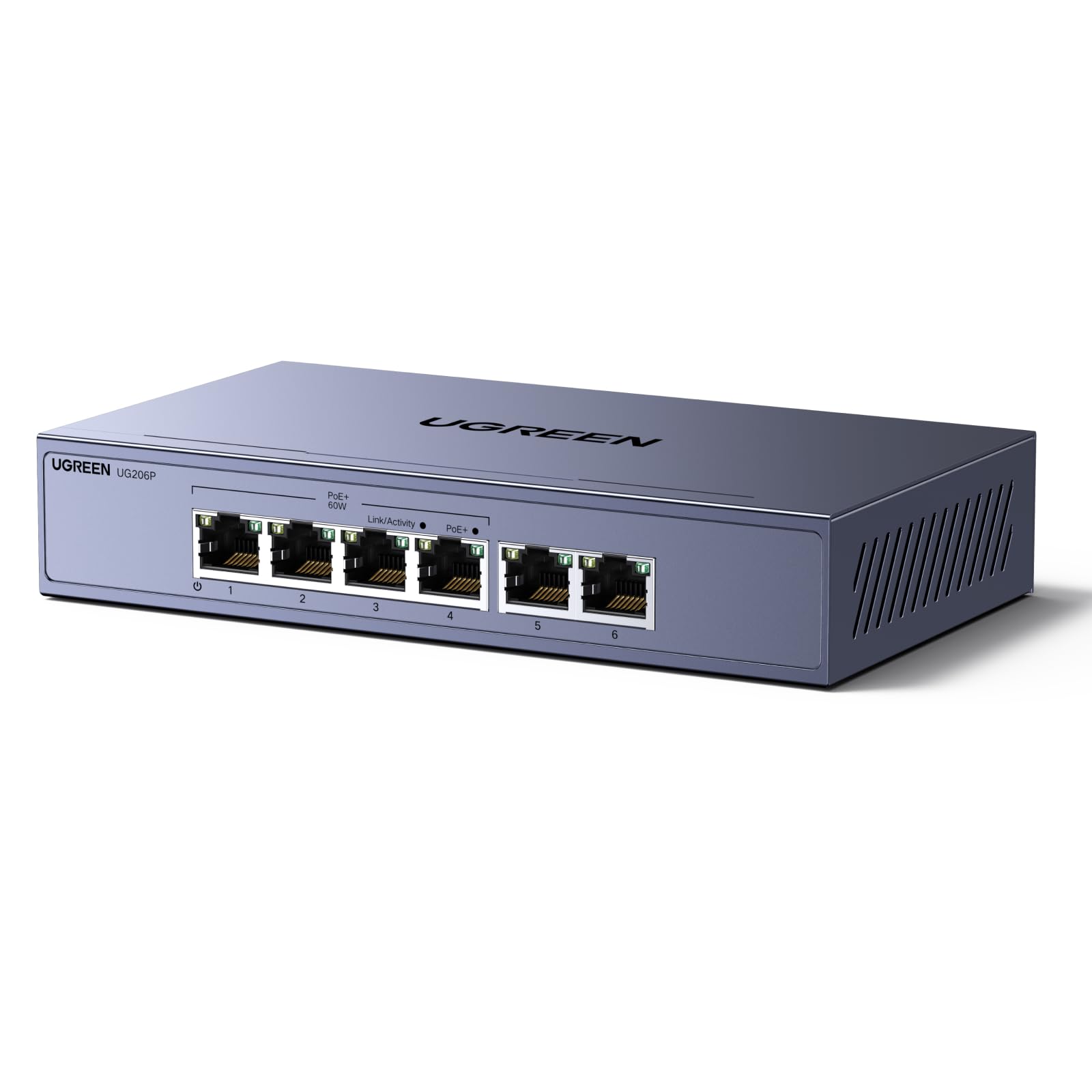 UGREEN Ethernet Switch, 6 Port PoE Switch, 4 PoE+@60W and 2 Gigabit Uplink, Plug & Play, Auto/VLAN/Extend Mode, Sturdy Metal, Desktop or Wall Mount Network Splitter Hub for Security Camera, IP Phone