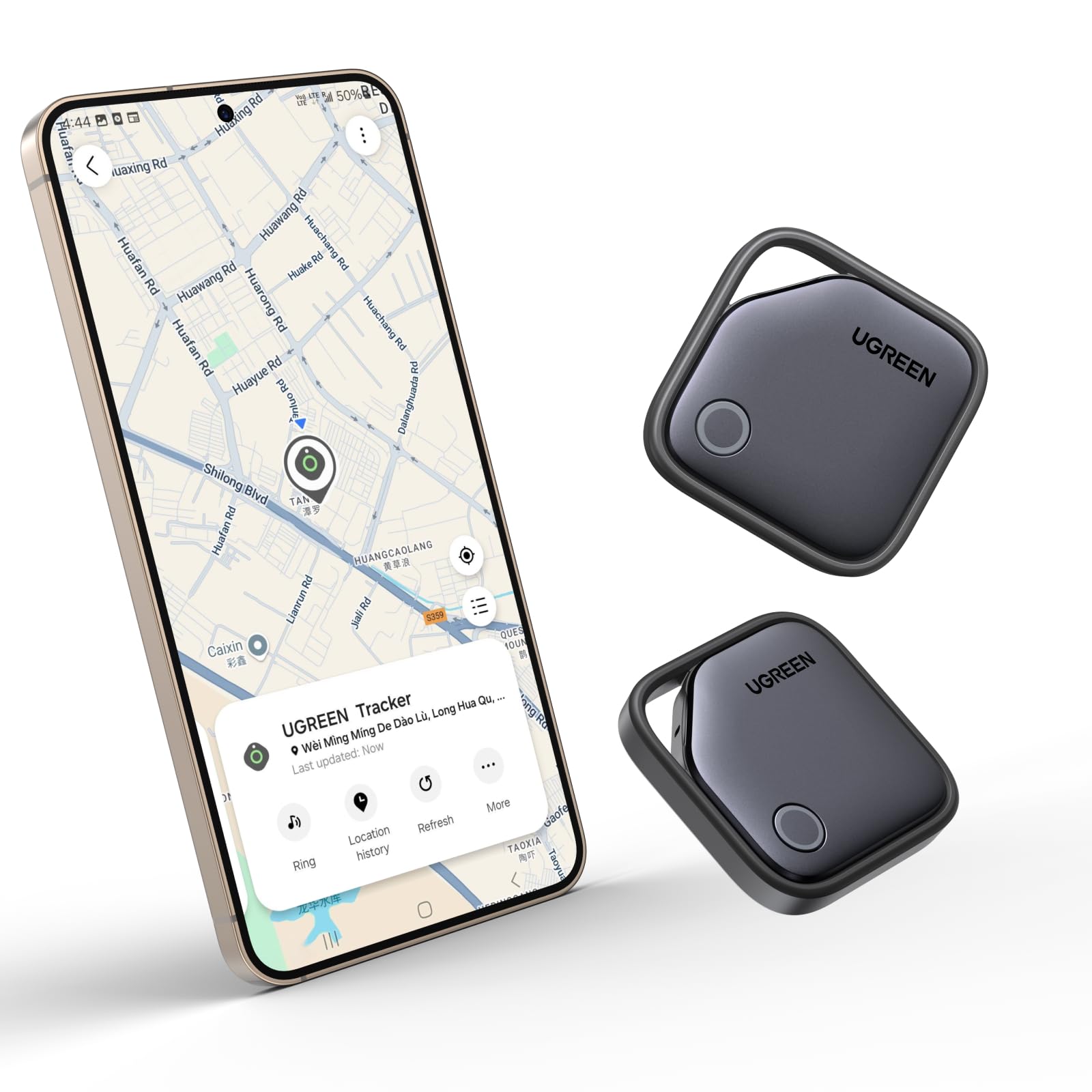 UGREEN FineTrack S 2-Pack Bluetooth Tracker Tags Work with Samsung SmartThings APP (Samsung Only), 550-Days Replaceable Battery Item Finder Smart Tag for Key Luggage Passport