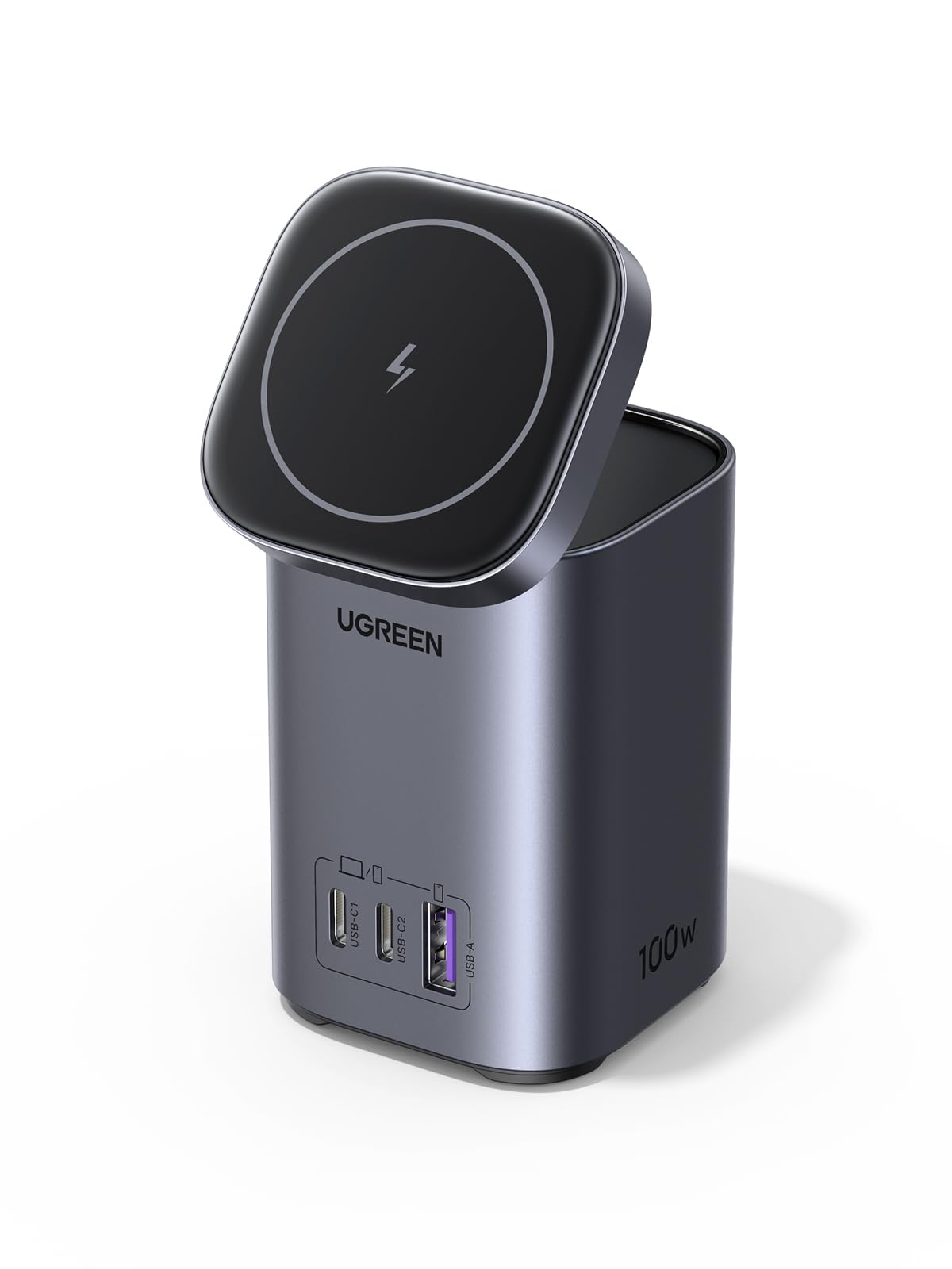UGREEN Nexode 100W USB C Charging Station, 4-Port GaN Desktop Charger with 15W Qi2 MagSafe Wireless Charging Stand for iPhone 17/16/15/14/13/12, AirPods Pro, MacBook Pro, Galaxy S25/S24, Pixel 10/9