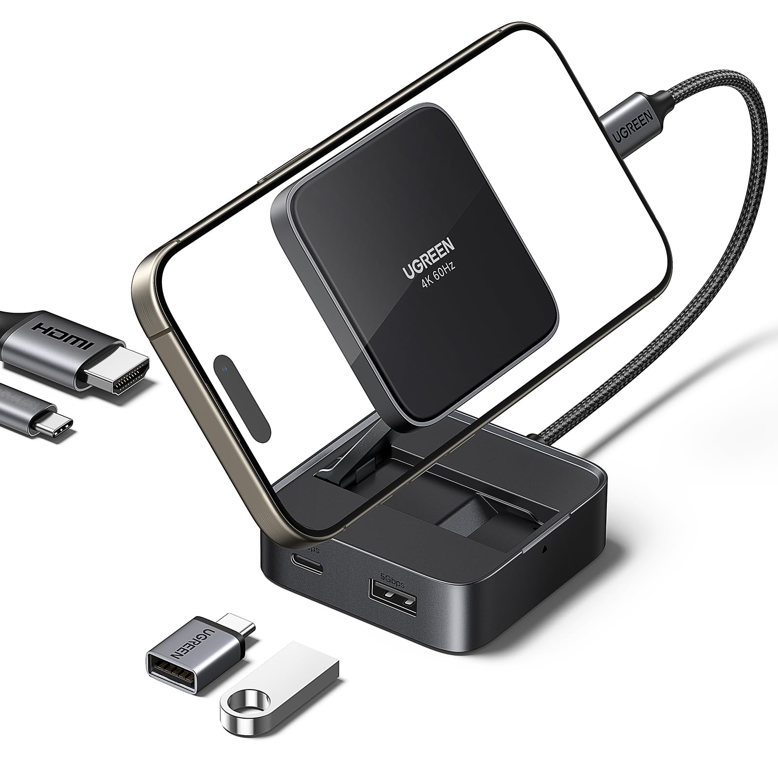 UGREEN USB C Hub, 4-in-1 Magnetic Adapter 4K@60Hz, 100W PD Charging, USB-A and USB-C Data Ports, Foldable Portable Adapter for iPhone 17/16/15 Series, Galaxy S25 and More