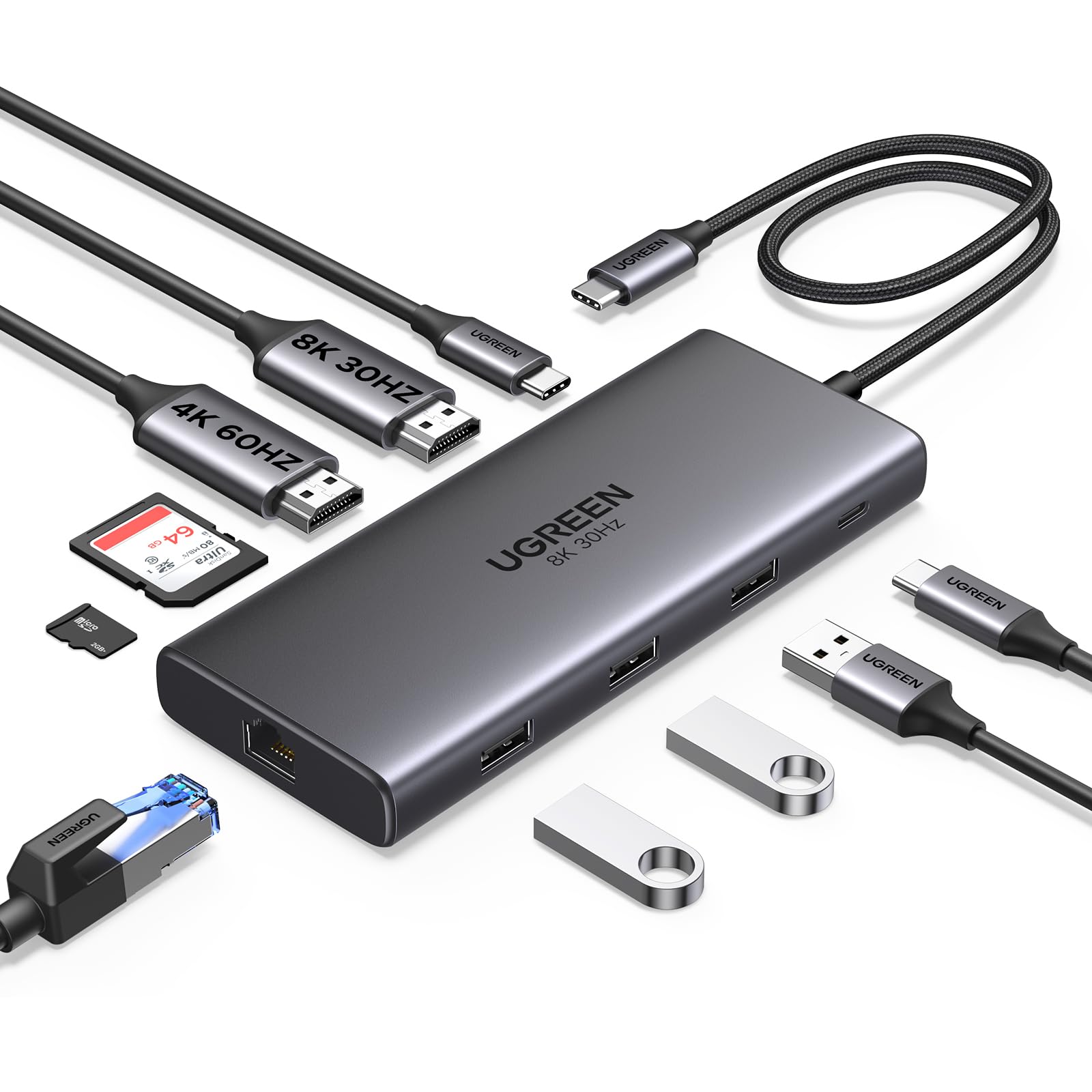 UGREEN Docking Station 10 in 1 Revodok Pro 210 USB C Dock Dual HDMI 4K@60Hz Single 8K@30Hz 100W PD 5Gbps USB C and USB A Data Ports Gigabit Ethernet, SD/TF Card Reader USB Hub Compatible for HP, Dell