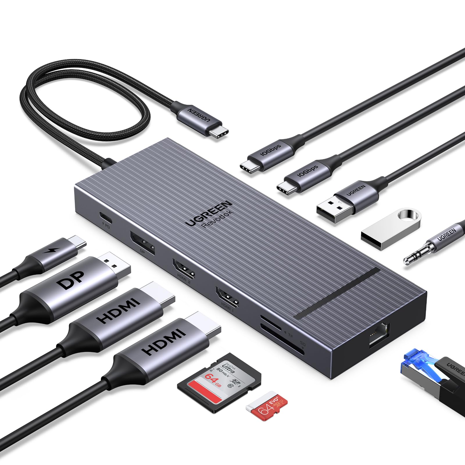UGREEN 12 in 1 Triple 4K Docking Station with 2 HDMI, DP, 2x10G USB C, 2×USB-A2.0, 100W PD, SD/TF, 1000Mbps Ethernet, 3.5MM Audio, Revodok Pro USBC Hub Multiple Adapter for MacBook, DELL, HP and More