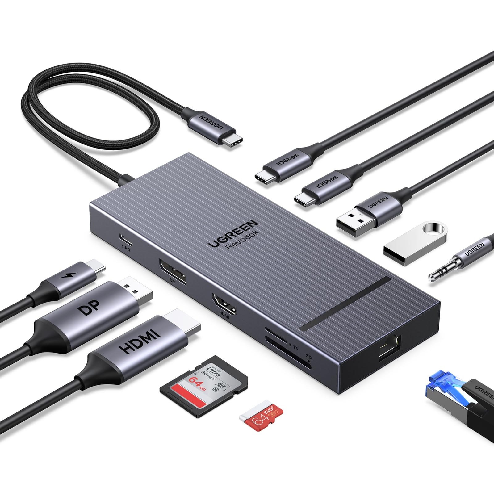 UGREEN 11-in-1 Docking Station: 4K@120Hz DP+HDMI, Dual 10Gbps USB-C, 100W PD, SD/TF, Gigabit Ethernet, 3.5mm Audio, Aluminum Body Revodock Pro for Dell/HP/Lenovo