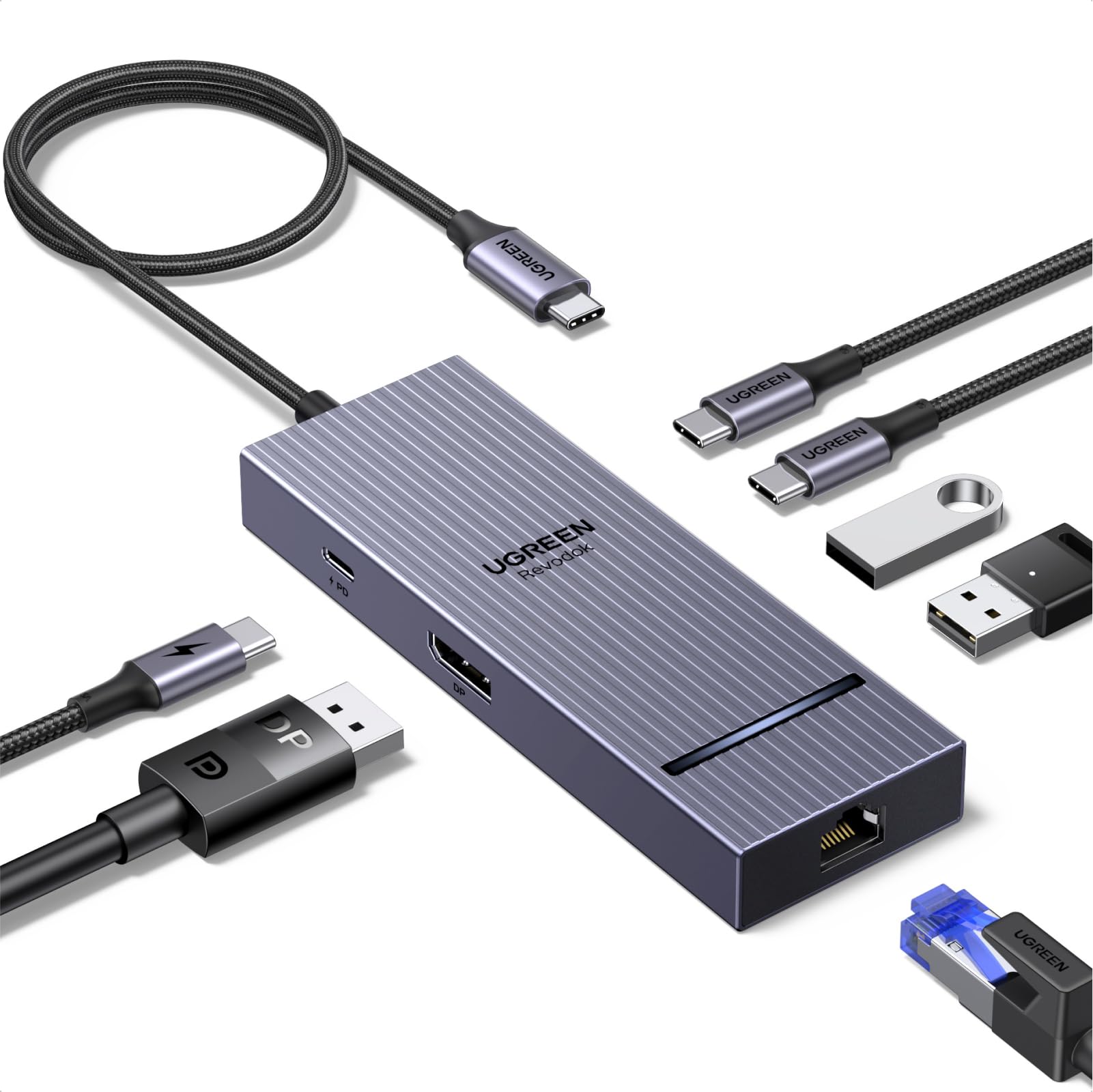 UGREEN Revodok Pro 7 in 1 USB-C Hub to DisplayPort 4K 60Hz, 100W Power Delivery 10Gbps USB-A and USB-C 3.2 for MacBook Pro/Air, iPad Pro, Thinkpad, Rog Ally and More.