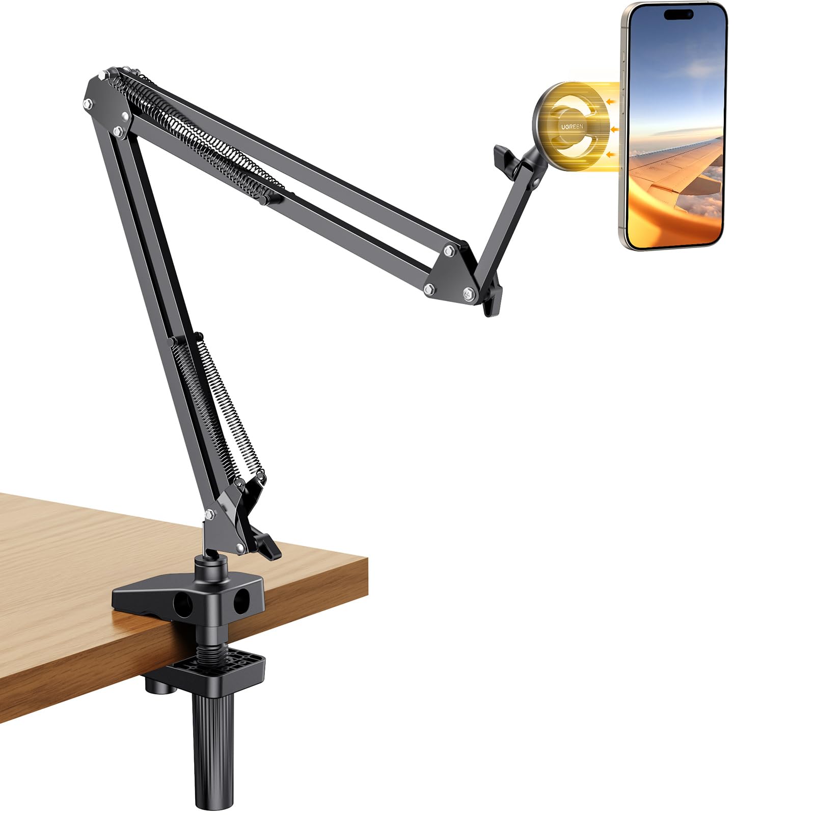 UGREEN Phone Desk Mount for Bed Magnetic iPhone Holder for Magsafe Upgraded Sturdy Arm Gooseneck Compatible with iPhone 17 Air 16 15 14 13 12 Pro Max, Overhead Cell Phone Stand