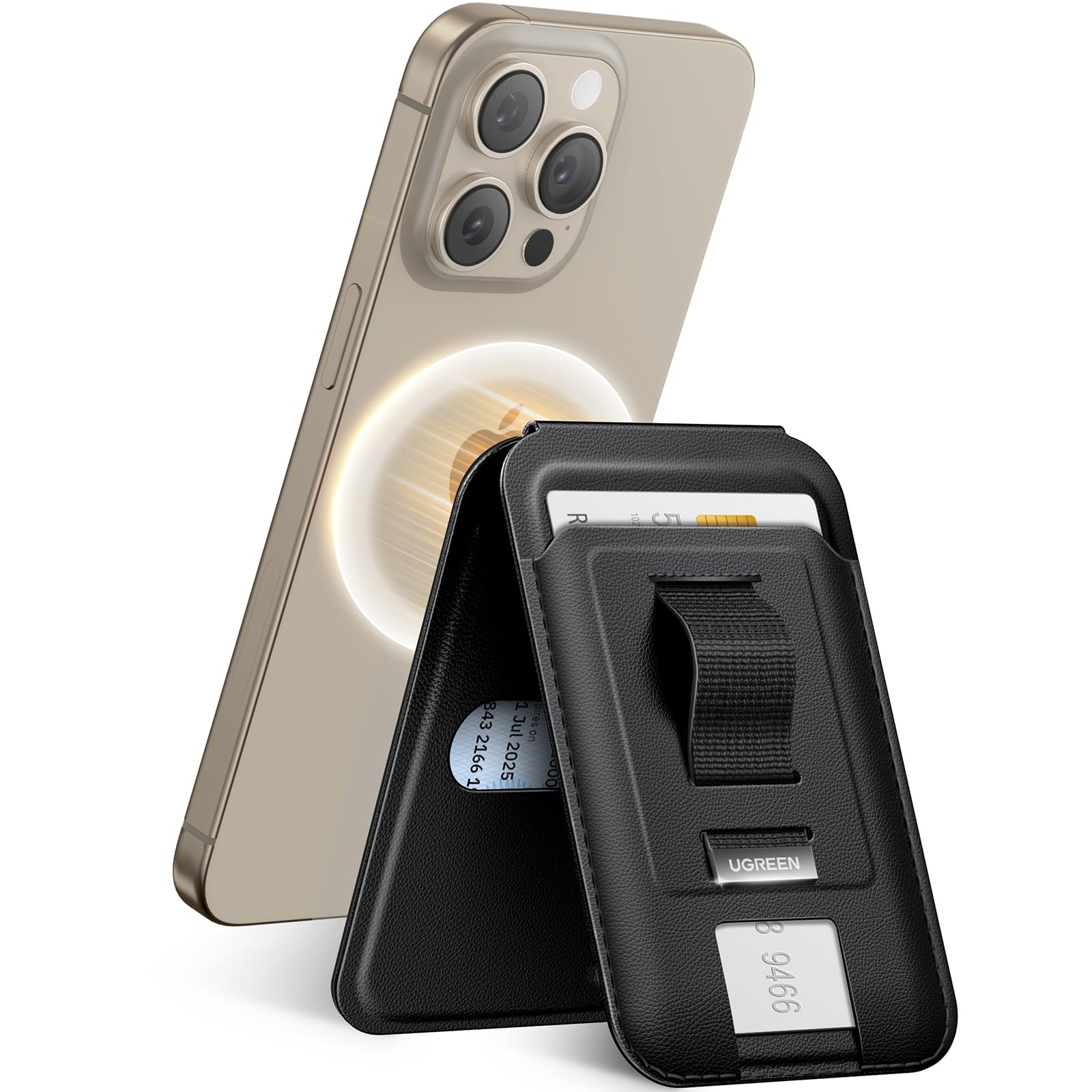 UGREEN for Magsafe Wallet, Magnetic Phone Wallet Compatible with iPhone with Finger Loop Grip, Adjustable Stand Compatible with iPhone 17 16 15 14 13 12 Series (Mini Not Included), Black