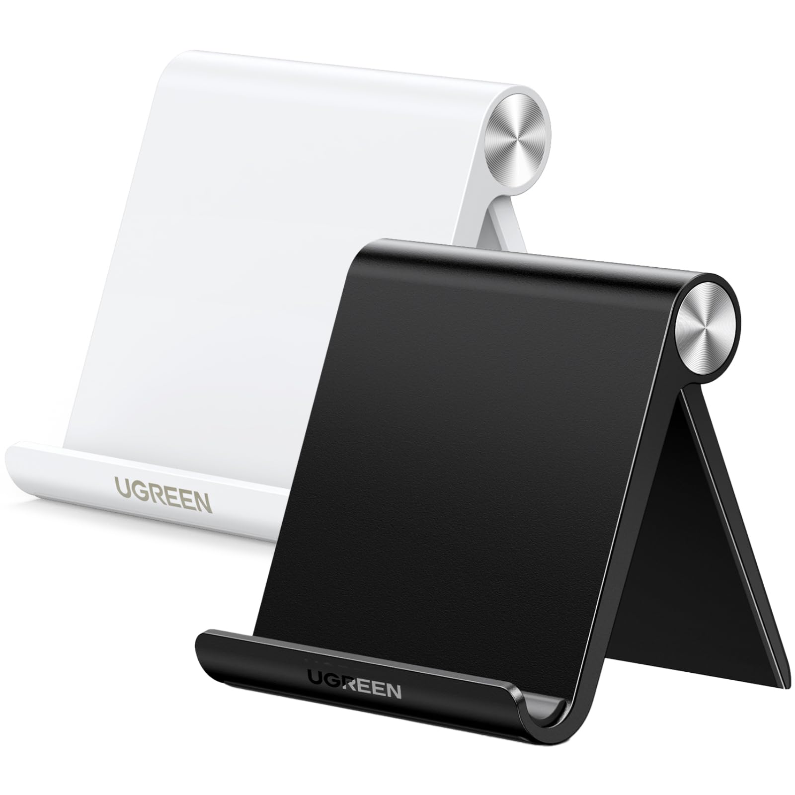UGREEN Phone Stand 2 Pack Desk Cell Phone Holder Travel Compatible with iPhone 17 Air 16 Pro Max 15 Plus 14 Pro 13 12 Mini 11 SE XS XR, Portable Foldable Desktop iPhone Stand Adjustable, Black White